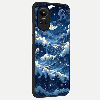  Ocean Moon Waves back cover For Oppo Reno 10 slim fit glass case with vibrant aesthetic design