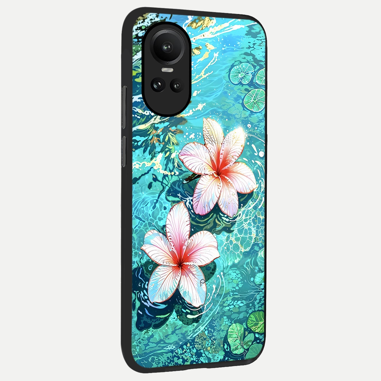  Pink Flowers in Water back cover For Oppo Reno 10 slim fit glass case with vibrant aesthetic design