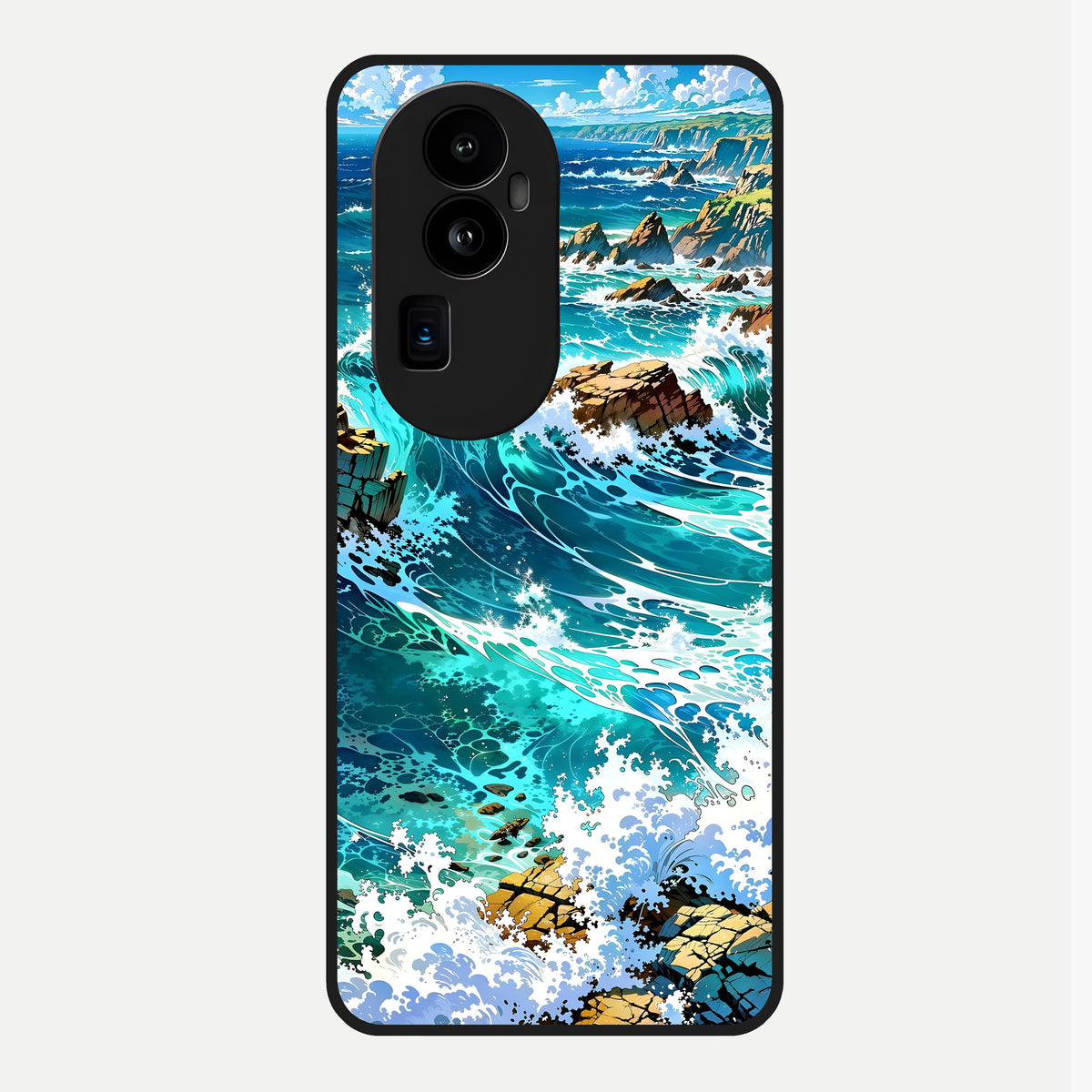  Coastal Blue Waves Glass Case For Oppo Reno 10 Pro Plus back cover – full design glossy printed glass finish