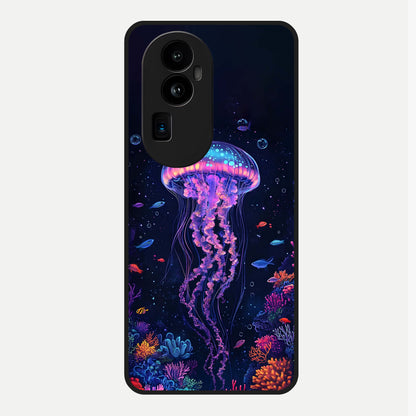  Neon Jellyfish Glass Case For Oppo Reno 10 Pro Plus back cover – full design glossy printed glass finish