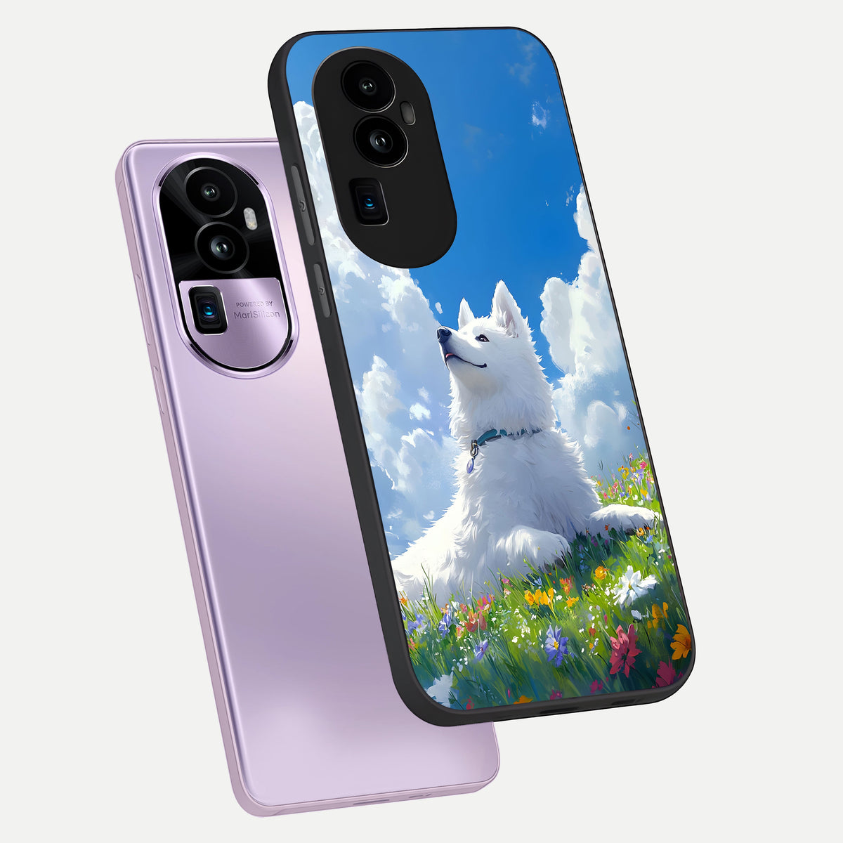  Blissful Cloud Pup phone case For Oppo Reno 10 Pro Plus showing premium glass back cover with detailed artwork