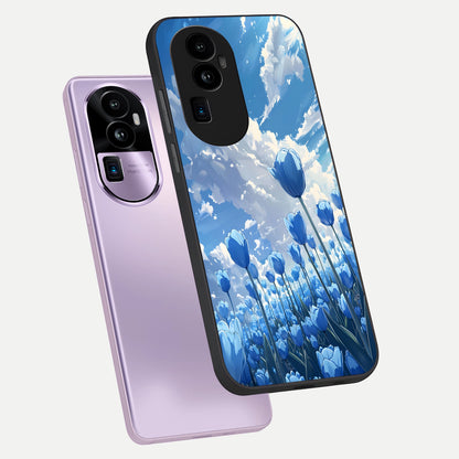  Blue Tulip Clouds phone case For Oppo Reno 10 Pro Plus showing premium glass back cover with detailed artwork