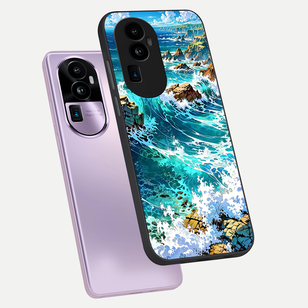  Coastal Blue Waves phone case For Oppo Reno 10 Pro Plus showing premium glass back cover with detailed artwork