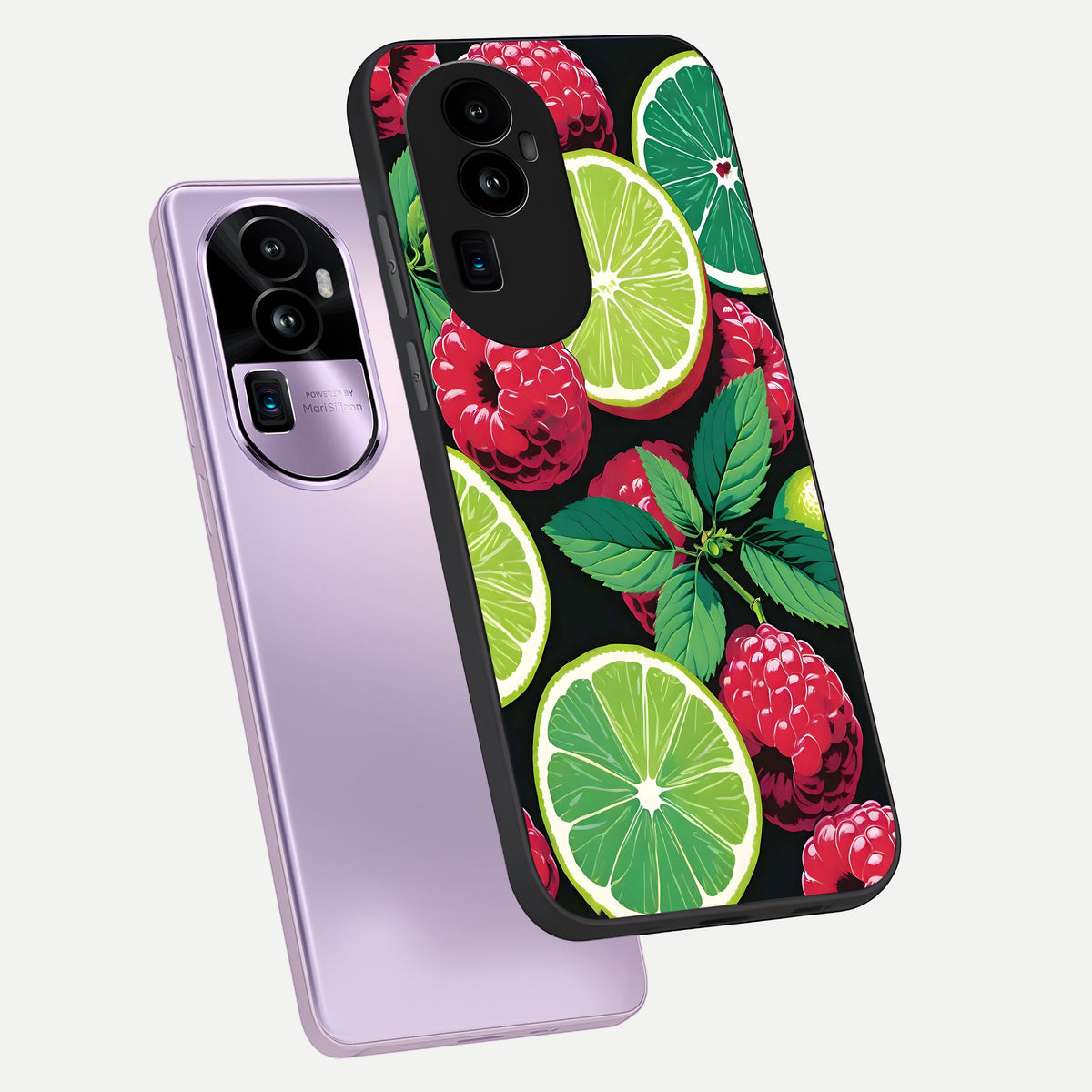  Lime and Raspberry Pattern phone case For Oppo Reno 10 Pro Plus showing premium glass back cover with detailed artwork