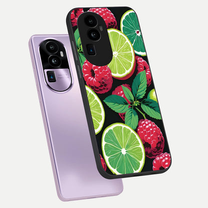  Lime and Raspberry Pattern phone case For Oppo Reno 10 Pro Plus showing premium glass back cover with detailed artwork