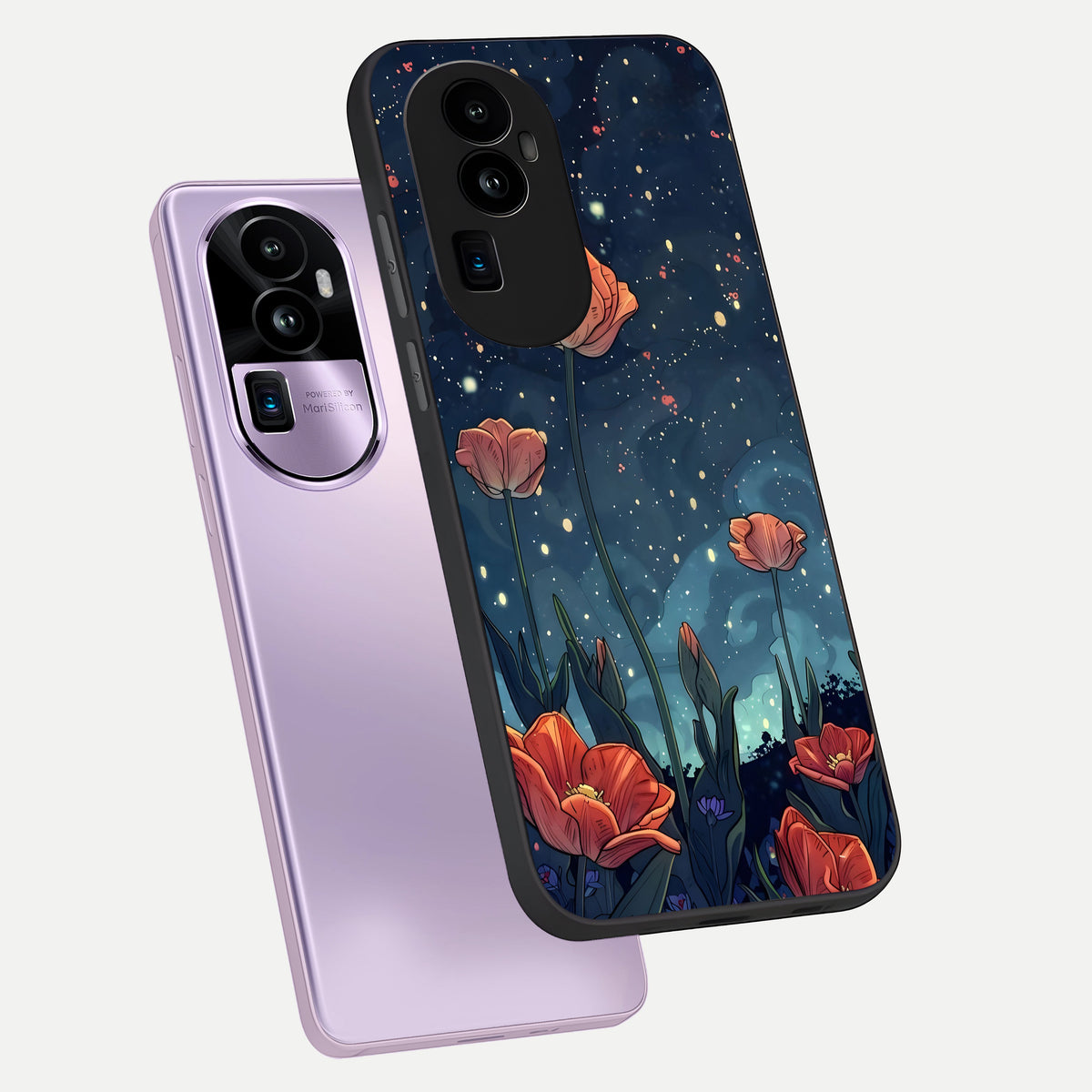  Midnight Tulip Glow phone case For Oppo Reno 10 Pro Plus showing premium glass back cover with detailed artwork