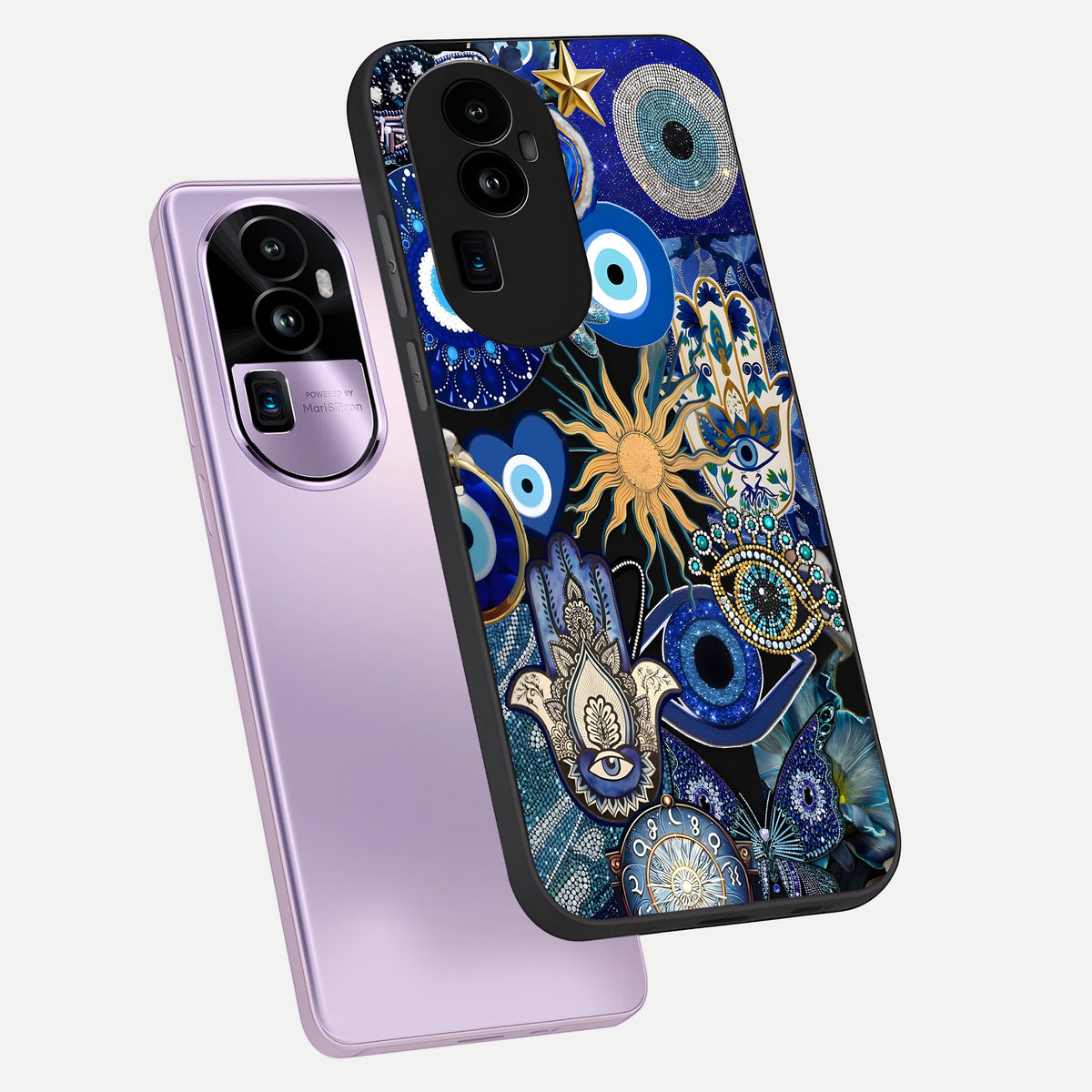  Mystic Blue Evil Eye phone case For Oppo Reno 10 Pro Plus showing premium glass back cover with detailed artwork