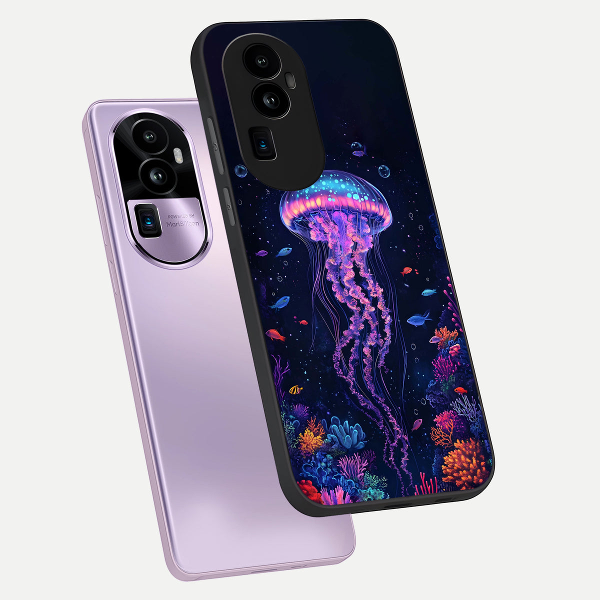  Neon Jellyfish phone case For Oppo Reno 10 Pro Plus showing premium glass back cover with detailed artwork