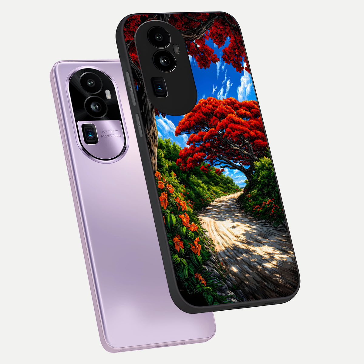  Red Trees Pathway phone case For Oppo Reno 10 Pro Plus showing premium glass back cover with detailed artwork