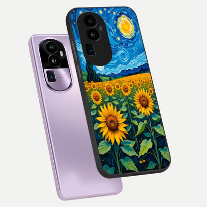  Starry Sunflower Dreams phone case For Oppo Reno 10 Pro Plus showing premium glass back cover with detailed artwork