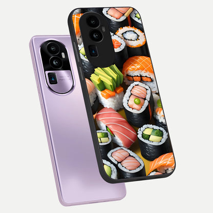  Sushi Food Pattern phone case For Oppo Reno 10 Pro Plus showing premium glass back cover with detailed artwork