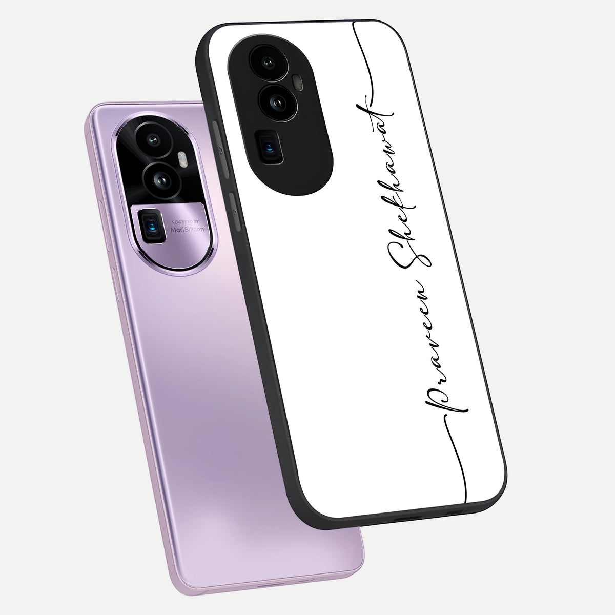  White Tune Custom Name phone case For Oppo Reno 10 Pro Plus showing premium custom name glass back cover