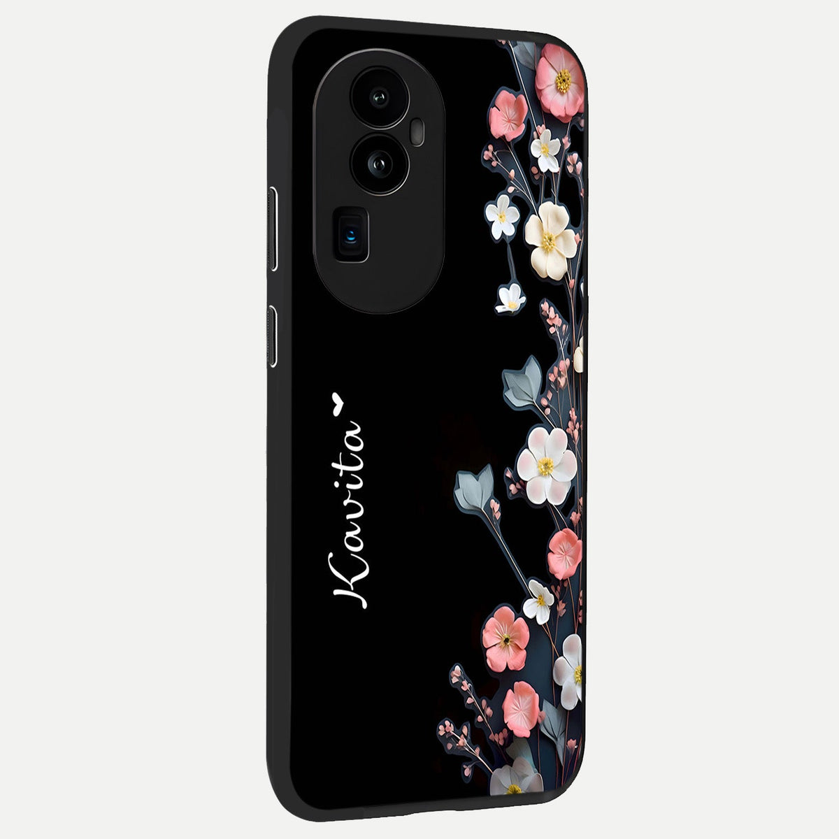  Black Elegance Floral Custom Name back cover For Oppo Reno 10 Pro Plus slim fit glass case with vibrant aesthetic design