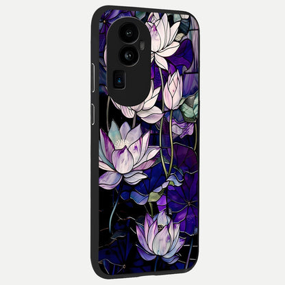  Purple Lotus Pattern back cover For Oppo Reno 10 Pro Plus slim fit glass case with vibrant aesthetic design