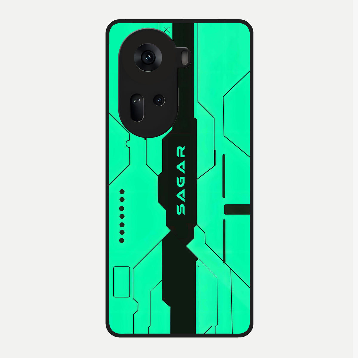  Aqua Tech CYBERPUNK Custom Name Glass Case For Oppo Reno 11 5G back cover – full design glossy printed glass finish