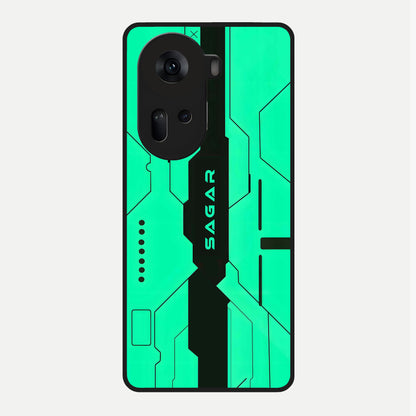  Aqua Tech CYBERPUNK Custom Name Glass Case For Oppo Reno 11 5G back cover – full design glossy printed glass finish