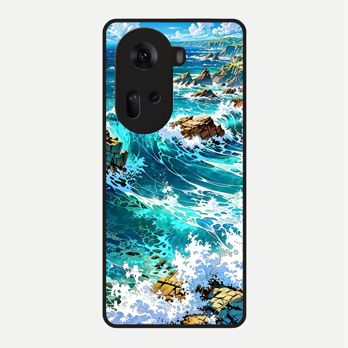  Coastal Blue Waves Glass Case For Oppo Reno 11 5G back cover – full design glossy printed glass finish