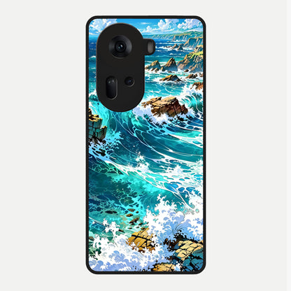  Coastal Blue Waves Glass Case For Oppo Reno 11 5G back cover – full design glossy printed glass finish