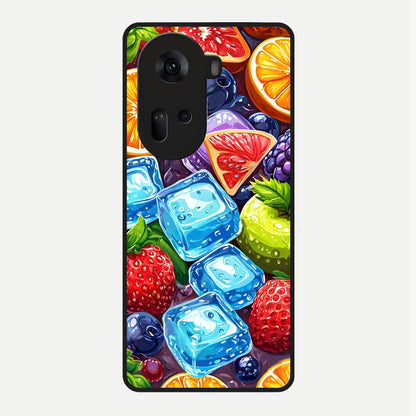  Colorful Fruits with Ice Glass Case For Oppo Reno 11 5G back cover – full design glossy printed glass finish
