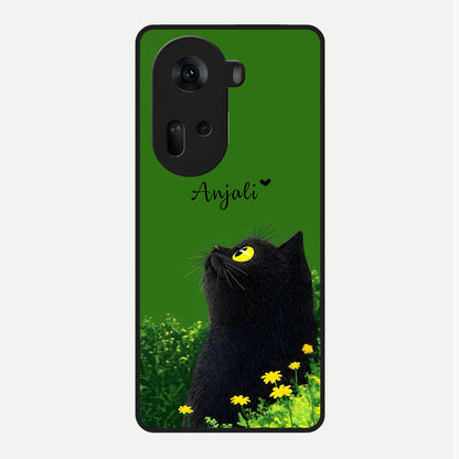  Emerald Cat Custom Name Glass Case For Oppo Reno 11 5G back cover – full design glossy printed glass finish