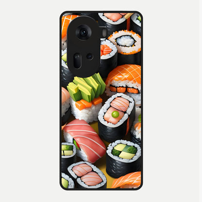  Sushi Food Pattern Glass Case For Oppo Reno 11 5G back cover – full design glossy printed glass finish