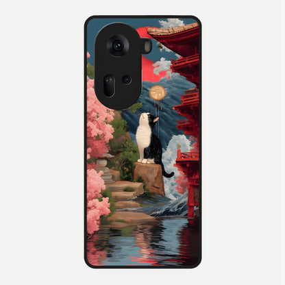  Temple Cat Scenery Glass Case For Oppo Reno 11 5G back cover – full design glossy printed glass finish