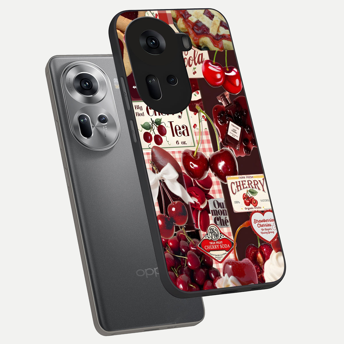 Aesthetic Cherry Tea phone case For Oppo Reno 11 5G showing premium glass back cover with detailed artwork