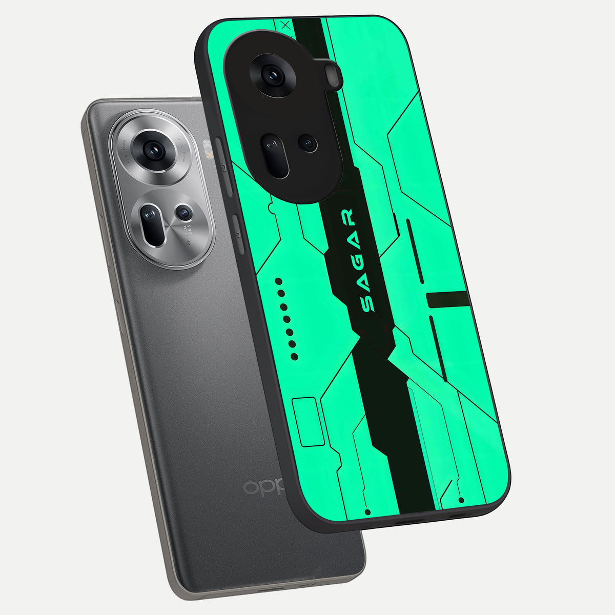  Aqua Tech CYBERPUNK Custom Name phone case For Oppo Reno 11 5G showing premium glass back cover with detailed artwork