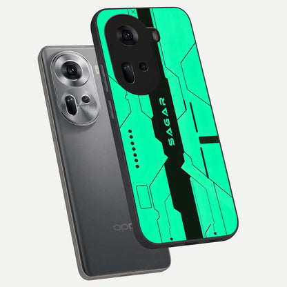  Aqua Tech CYBERPUNK Custom Name phone case For Oppo Reno 11 5G showing premium glass back cover with detailed artwork