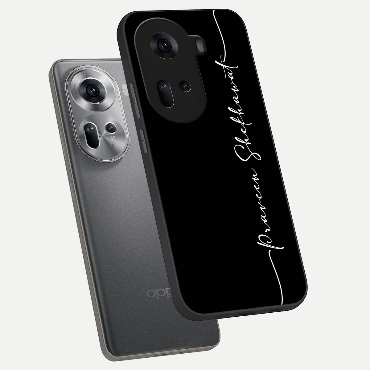 Black Tune Custom Name phone case For Oppo Reno 11 5G showing premium glass back cover with detailed artwork