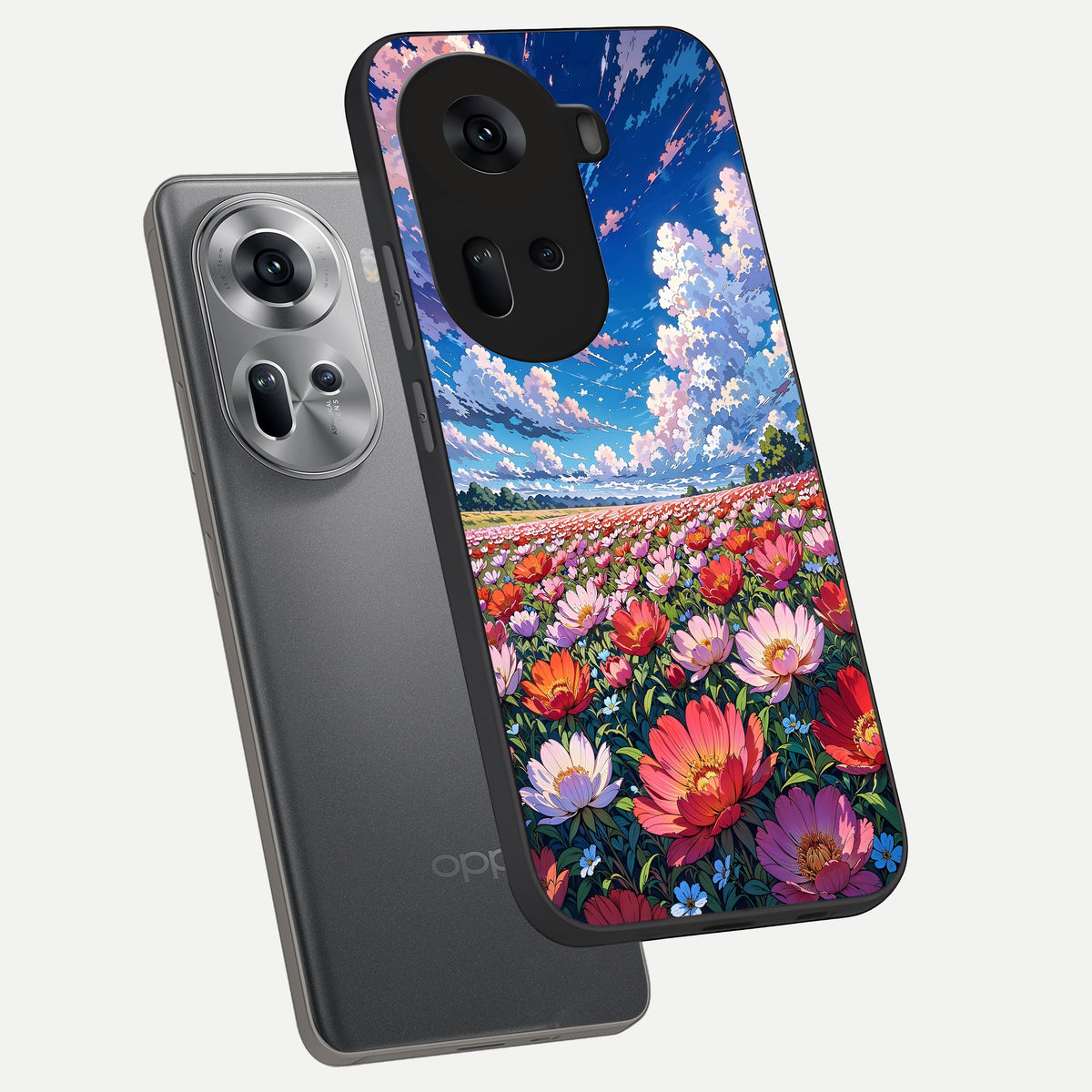  Blossom Sky Field phone case For Oppo Reno 11 5G showing premium glass back cover with detailed artwork