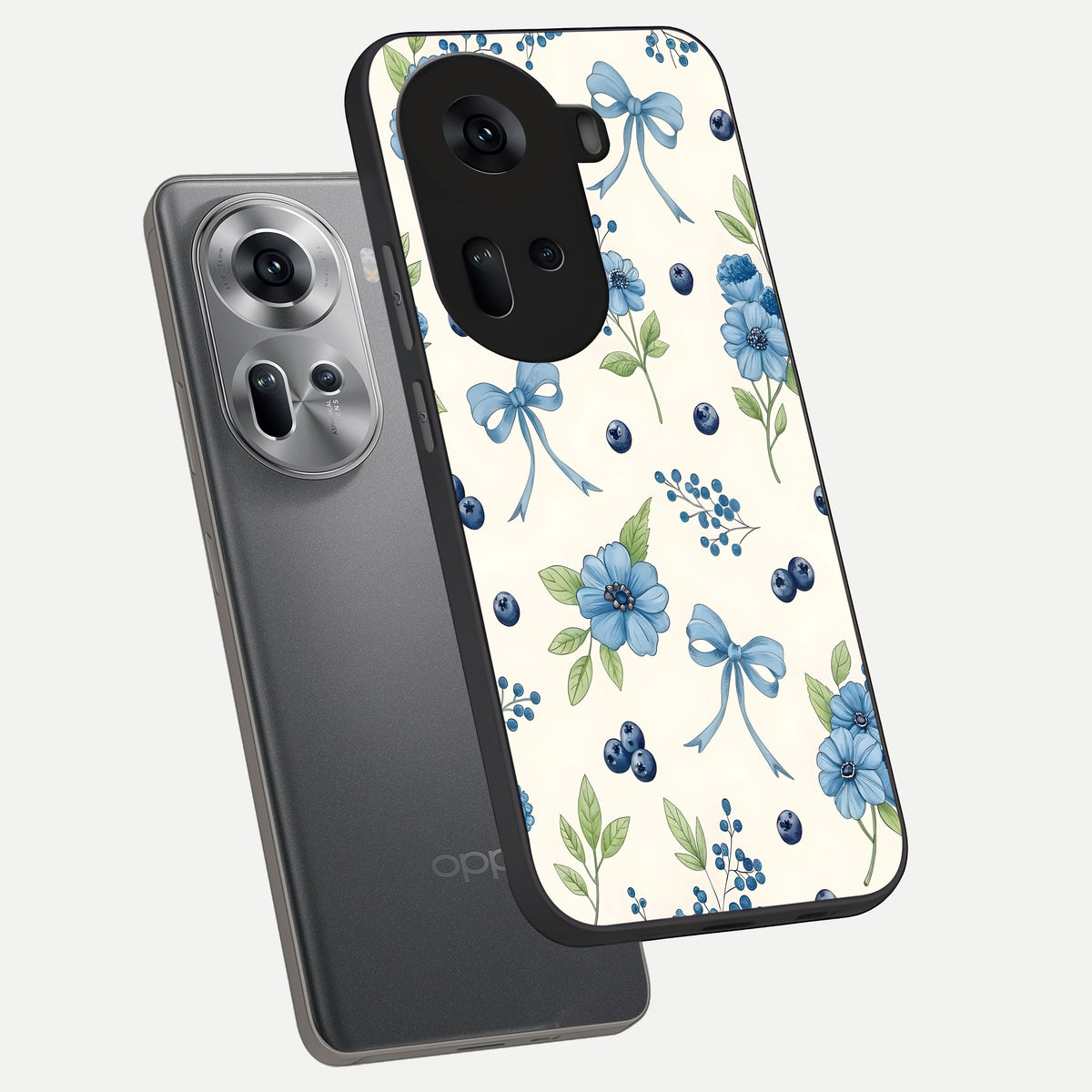  Blue Flower And Bow phone case For Oppo Reno 11 5G showing premium glass back cover with detailed artwork