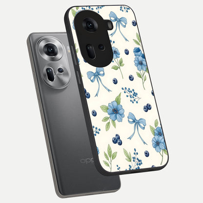  Blue Flower And Bow phone case For Oppo Reno 11 5G showing premium glass back cover with detailed artwork