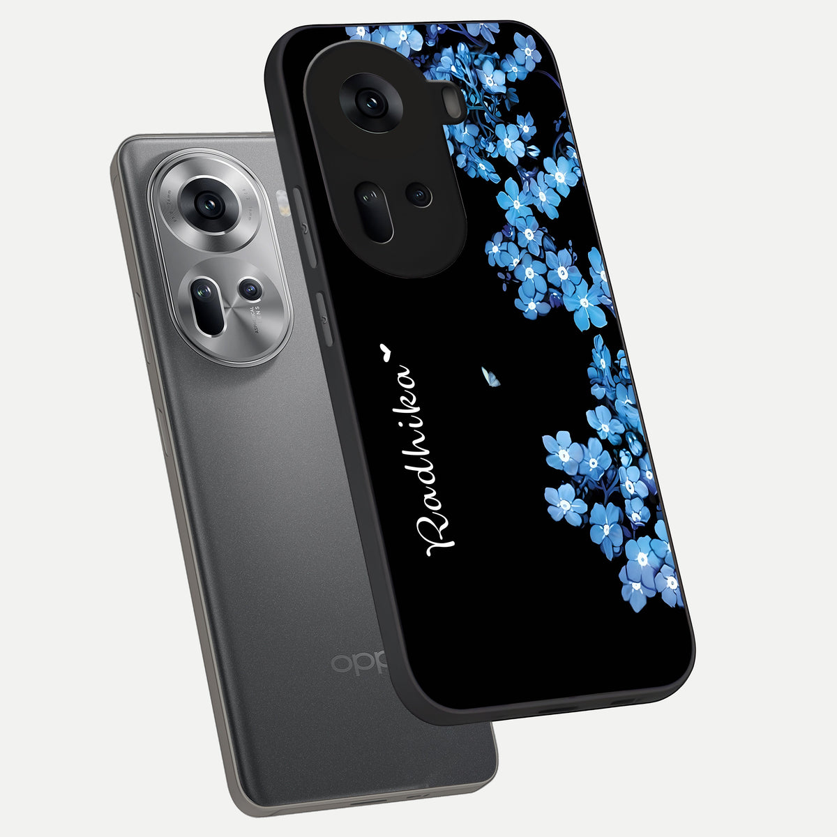  Blue Petal Dream Custom Name phone case For Oppo Reno 11 5G showing premium glass back cover with detailed artwork