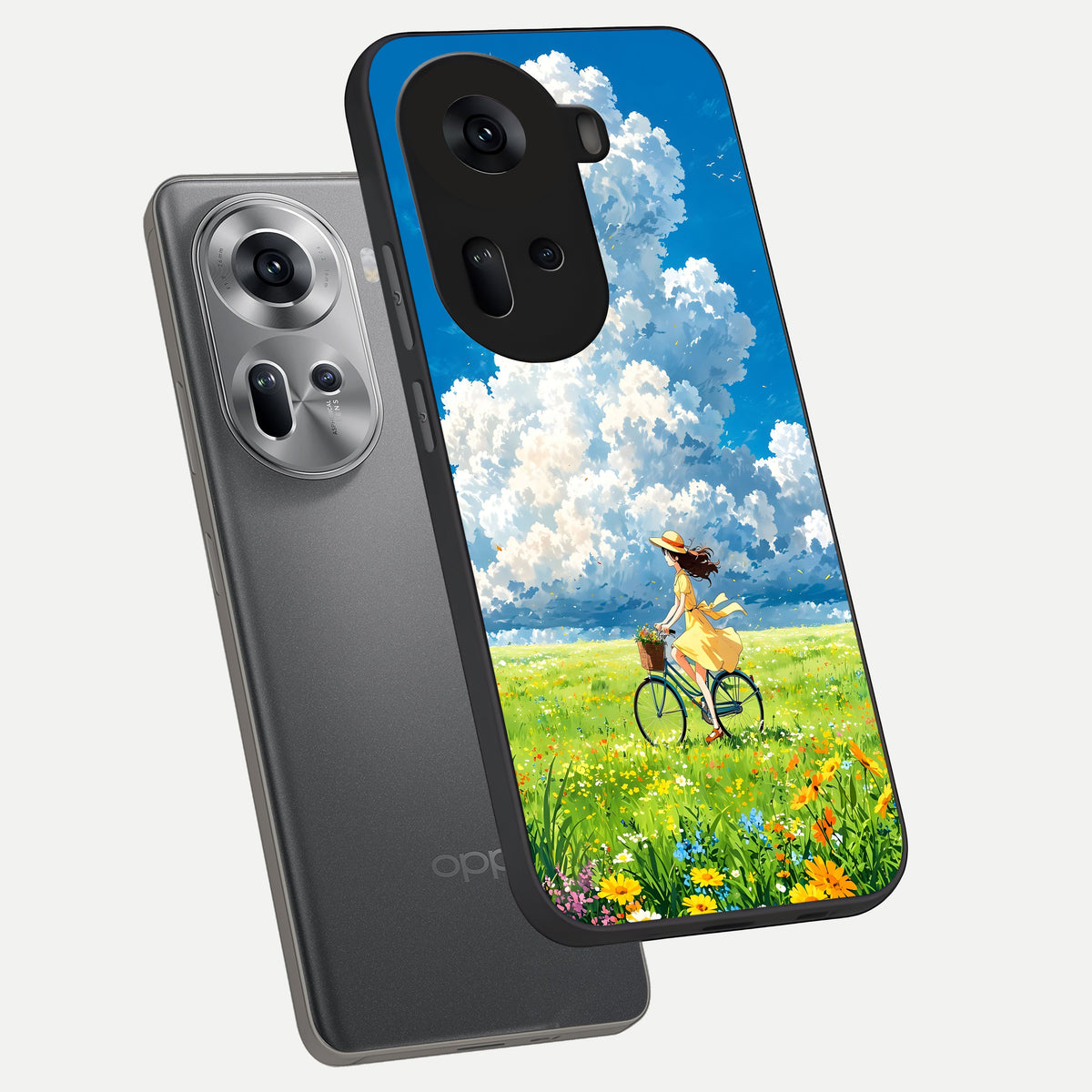  Breezy Meadow Ride phone case For Oppo Reno 11 5G showing premium glass back cover with detailed artwork
