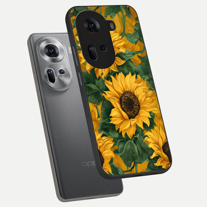  Bright Sunflower Bloom phone case For Oppo Reno 11 5G showing premium glass back cover with detailed artwork