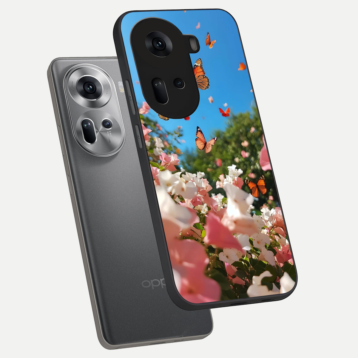  Butterflies In Bloom Sky phone case For Oppo Reno 11 5G showing premium glass back cover with detailed artwork