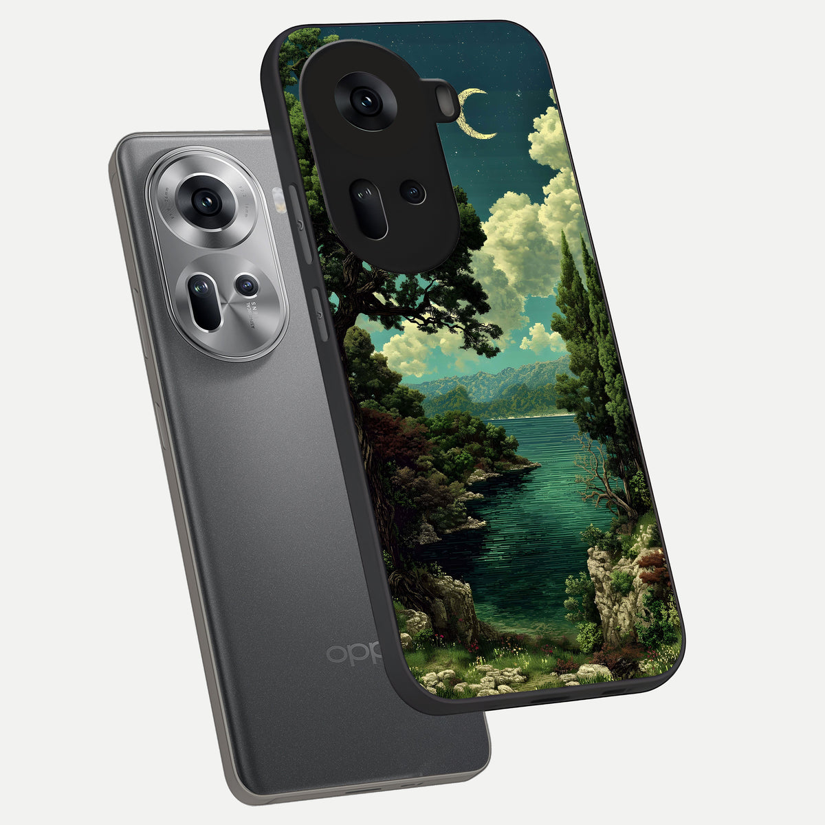  Celestial Lake Peace phone case For Oppo Reno 11 5G showing premium glass back cover with detailed artwork