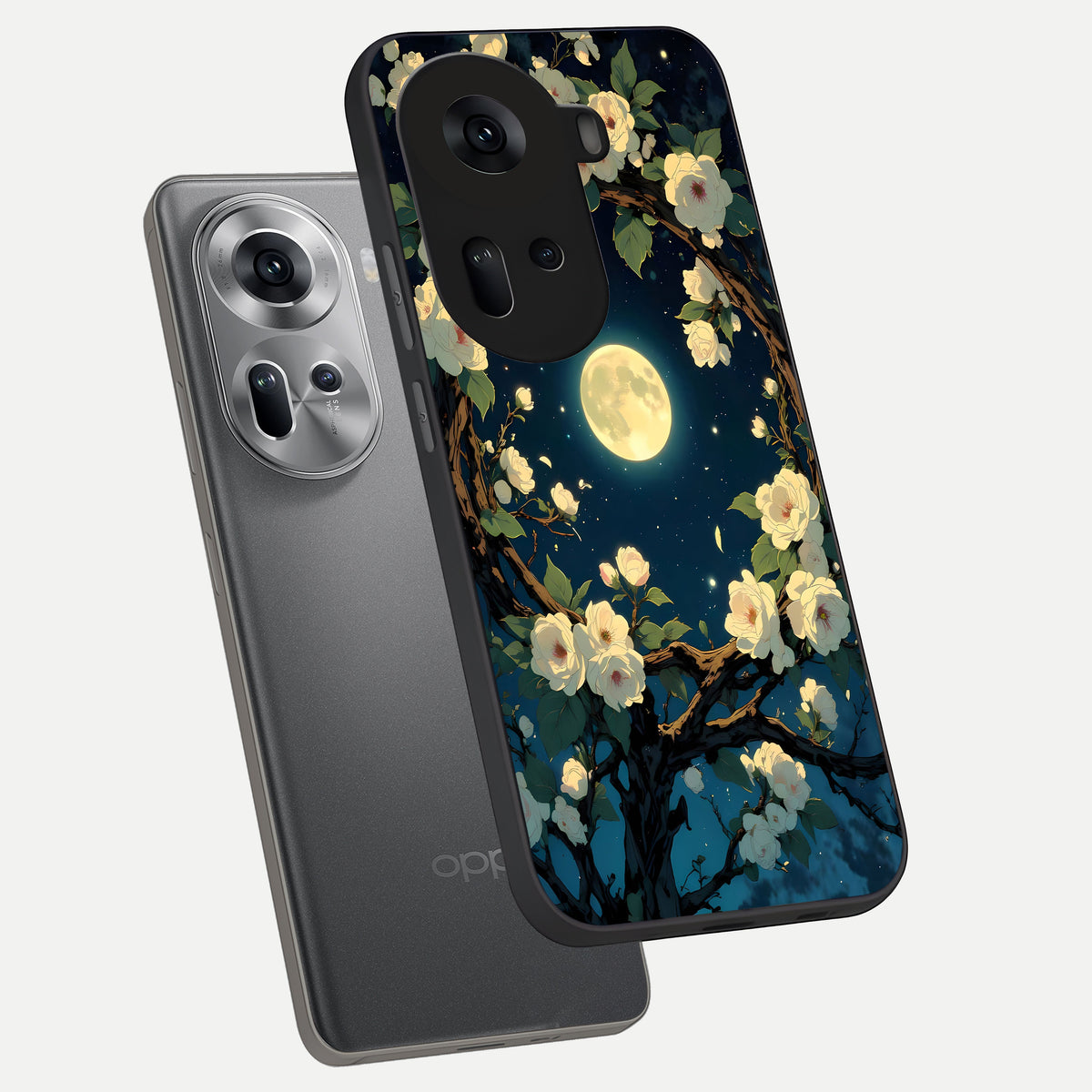  Celestial Moon And Flower phone case For Oppo Reno 11 5G showing premium glass back cover with detailed artwork