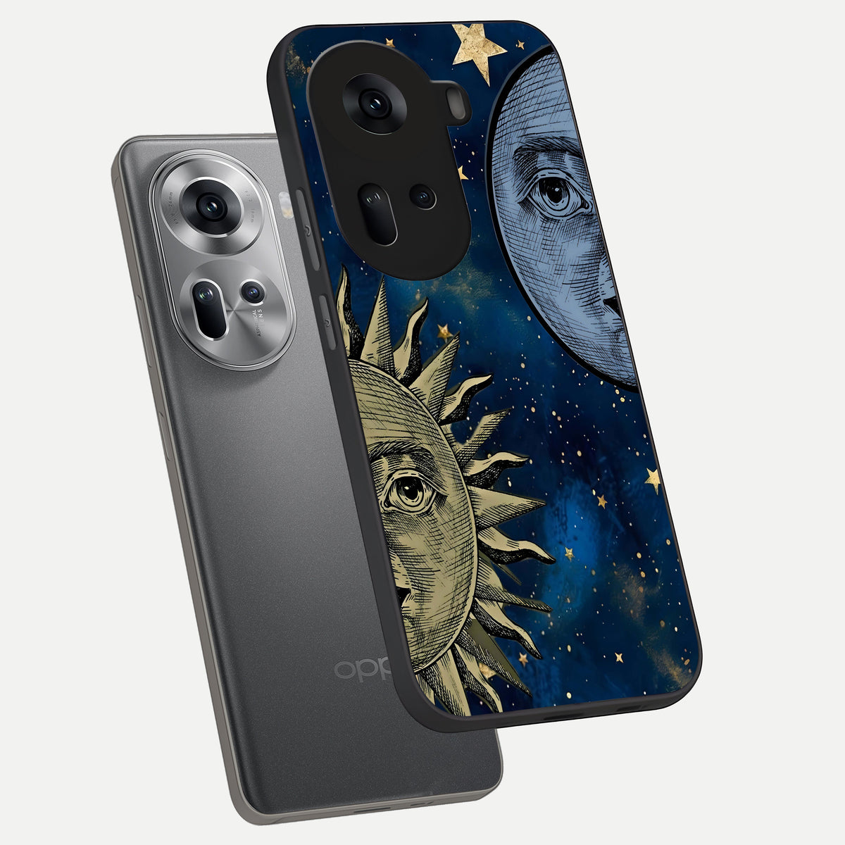  Celestial Moon With Sun phone case For Oppo Reno 11 5G showing premium glass back cover with detailed artwork