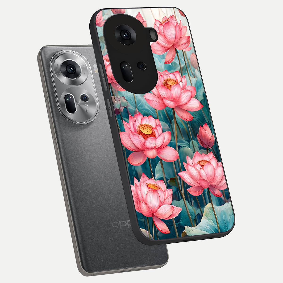  Celestial Pink Lotus phone case For Oppo Reno 11 5G showing premium glass back cover with detailed artwork
