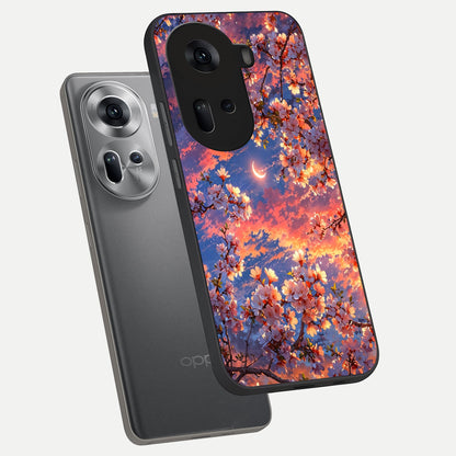  Celestial Sakura Sunset phone case For Oppo Reno 11 5G showing premium glass back cover with detailed artwork