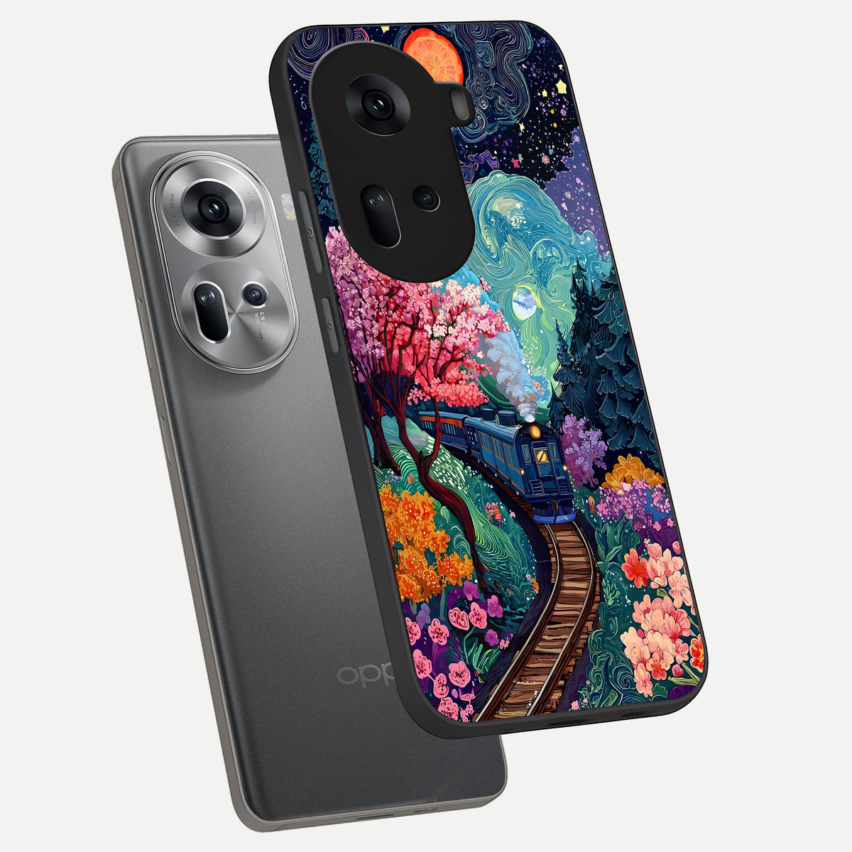  Celestial Train Journey phone case For Oppo Reno 11 5G showing premium glass back cover with detailed artwork