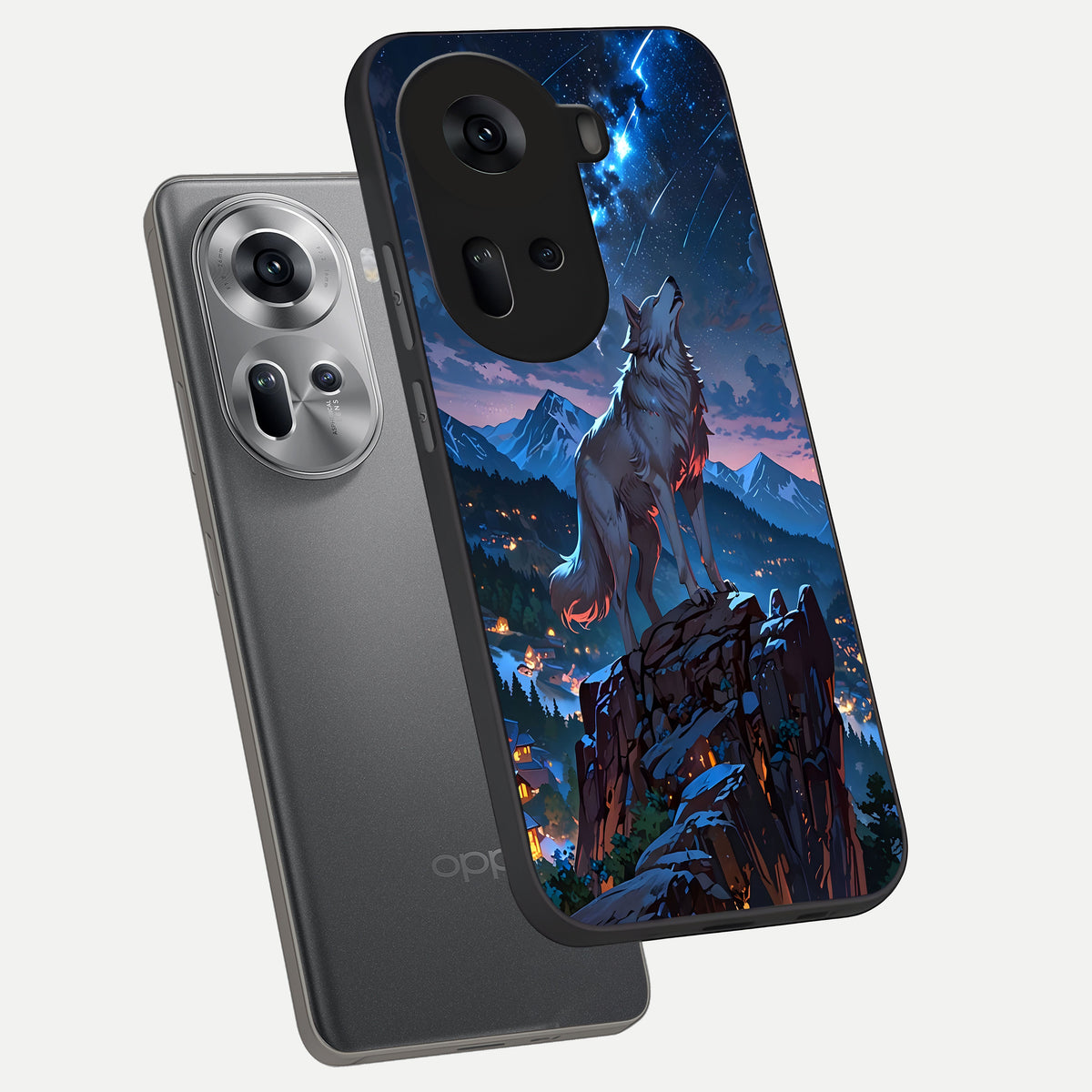  Celestial Wolf Howl phone case For Oppo Reno 11 5G showing premium glass back cover with detailed artwork