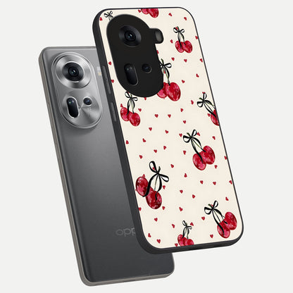  Cherry Heart Bow phone case For Oppo Reno 11 5G showing premium glass back cover with detailed artwork