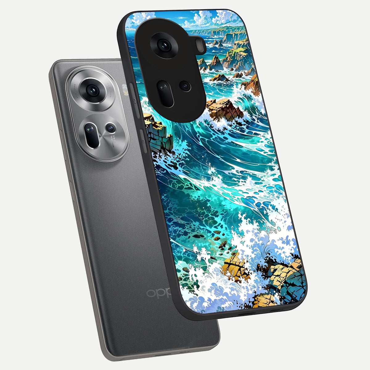  Coastal Blue Waves phone case For Oppo Reno 11 5G showing premium glass back cover with detailed artwork