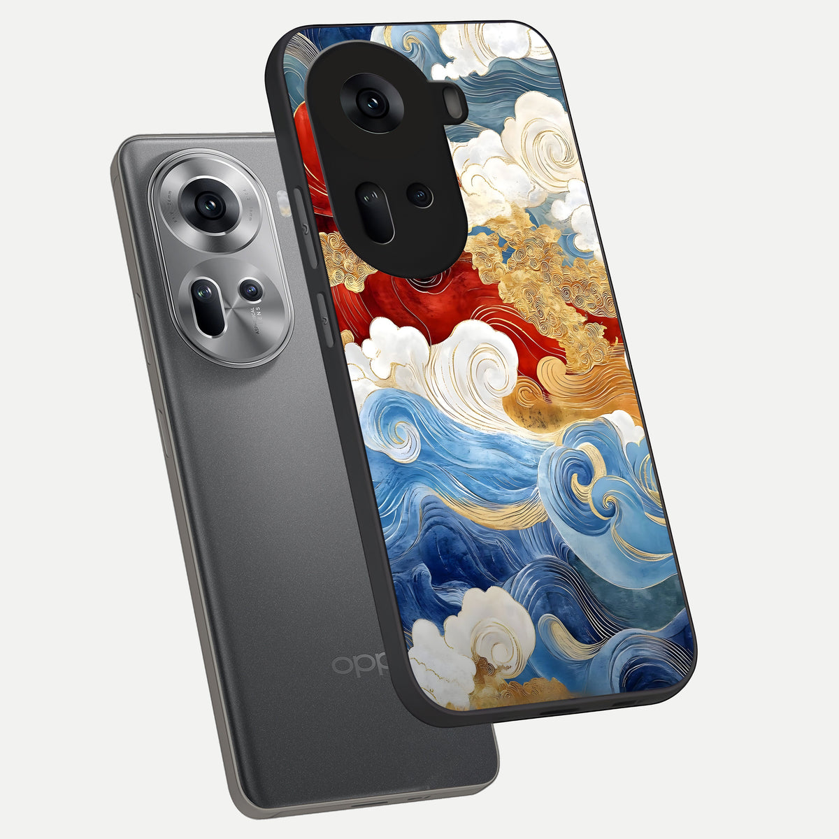  Colored Waves phone case For Oppo Reno 11 5G showing premium glass back cover with detailed artwork