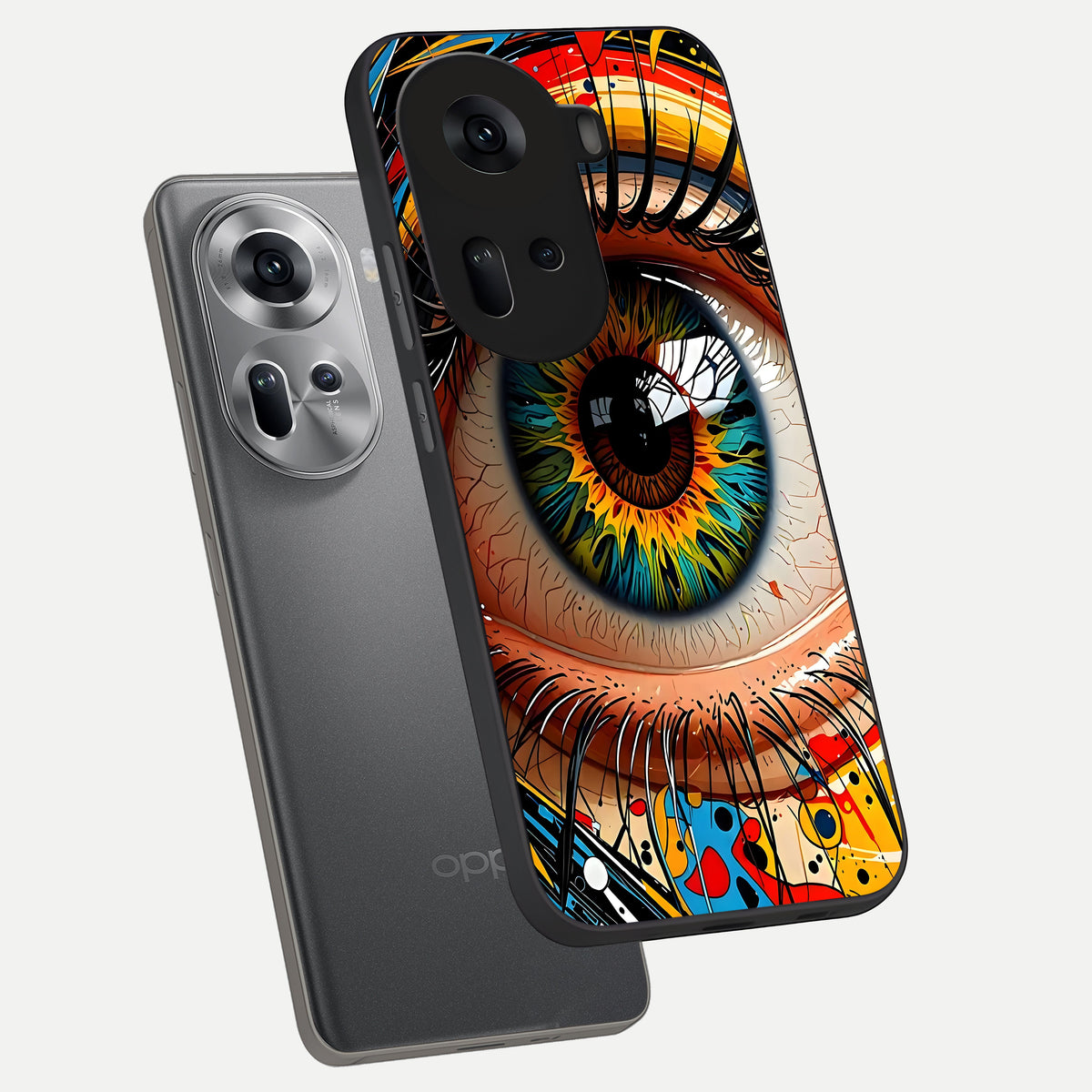  Colorful Eye phone case For Oppo Reno 11 5G showing premium glass back cover with detailed artwork