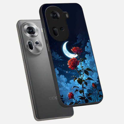  Crimson Rose Moon phone case For Oppo Reno 11 5G showing premium glass back cover with detailed artwork