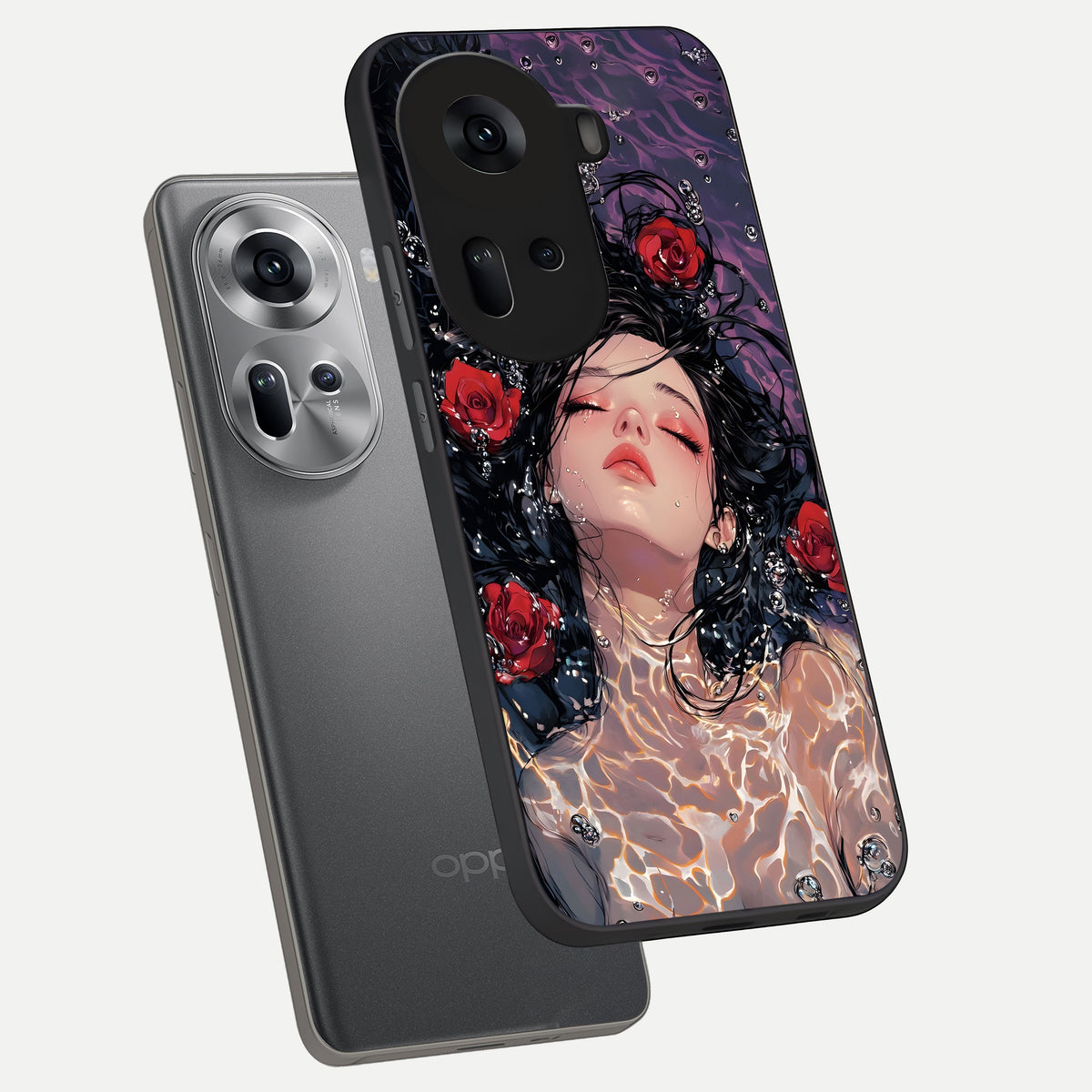  Crimson Rose Serenity phone case For Oppo Reno 11 5G showing premium glass back cover with detailed artwork